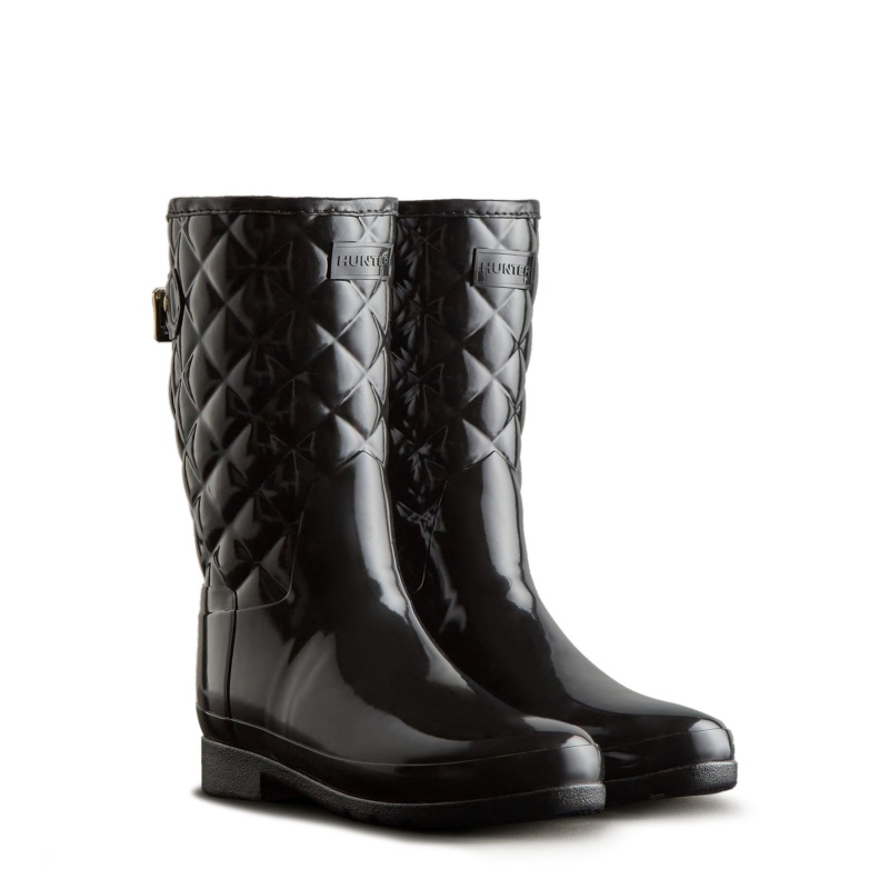 Black Hunter Adjustable Quilted Refined Slim Fit Short Rain Boots Rain Boots | IVUZPO-478